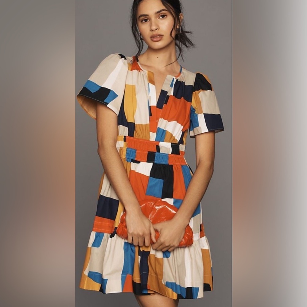 Anthropologie Orange Blue Mini Sundress V-neck Flutter Sleeves